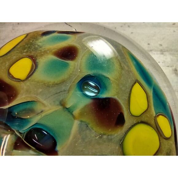 Bedrock Industries Recycled Glass Round Flat Paperweight Spots Yellow Brown Blue - Picture 9 of 9